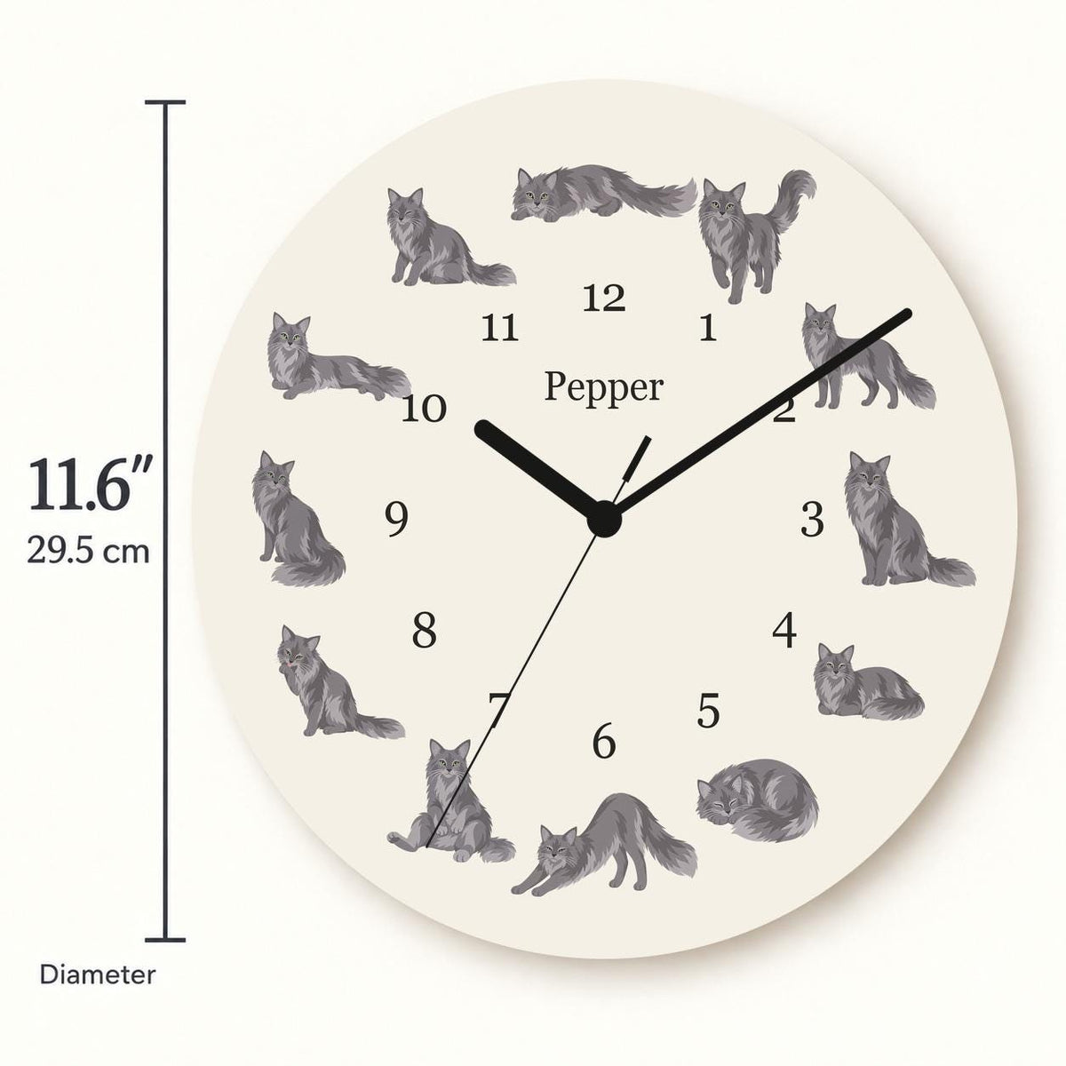 Personalized Nebelung Cat wooden wall clock with example name Pepper; size