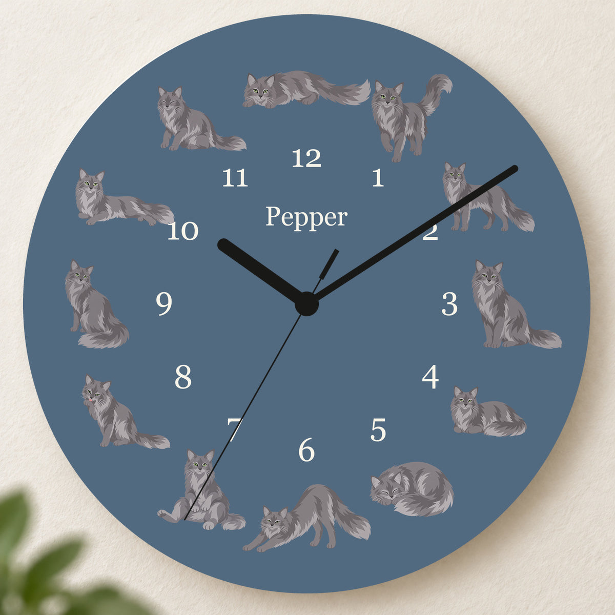 Personalized Nebelung Cat Wall Clock, Custom Pet Name, 11.6 Inch Wooden Clock — Muted Denim background