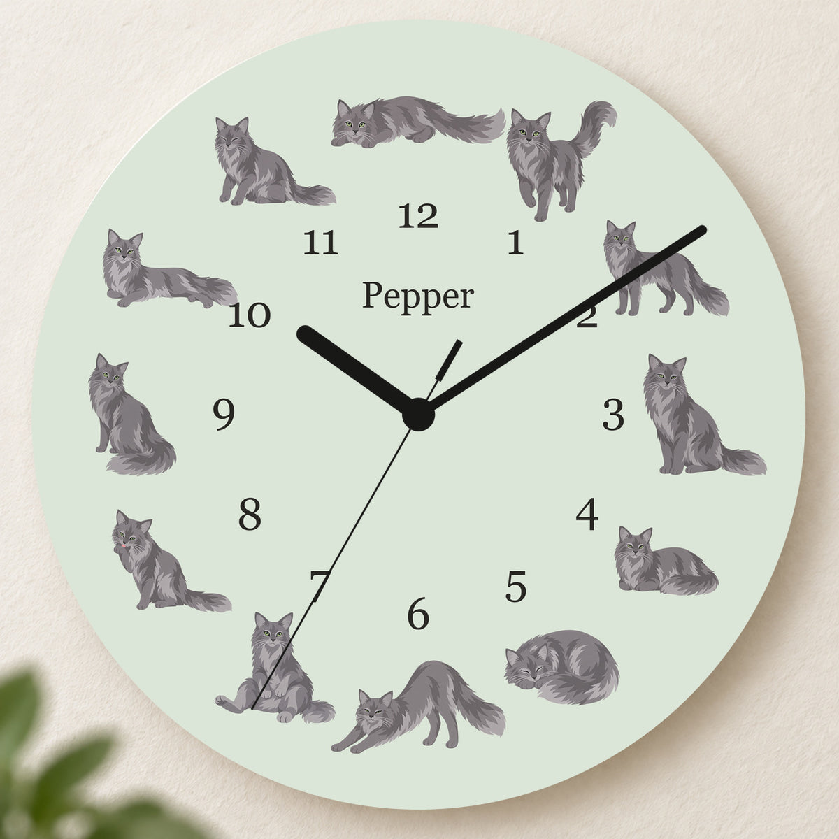 Personalized Nebelung Cat Wall Clock, Custom Pet Name, 11.6 Inch Wooden Clock — Pale Sage background