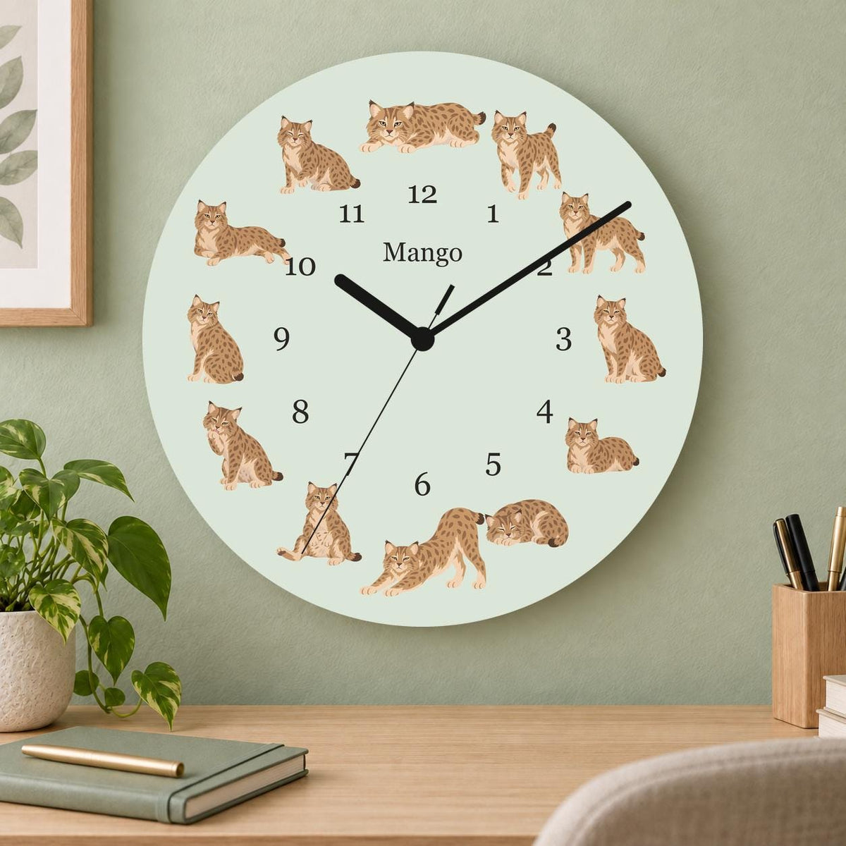 Personalized Pixie bob Cat wooden wall clock with example name Mango; home office
