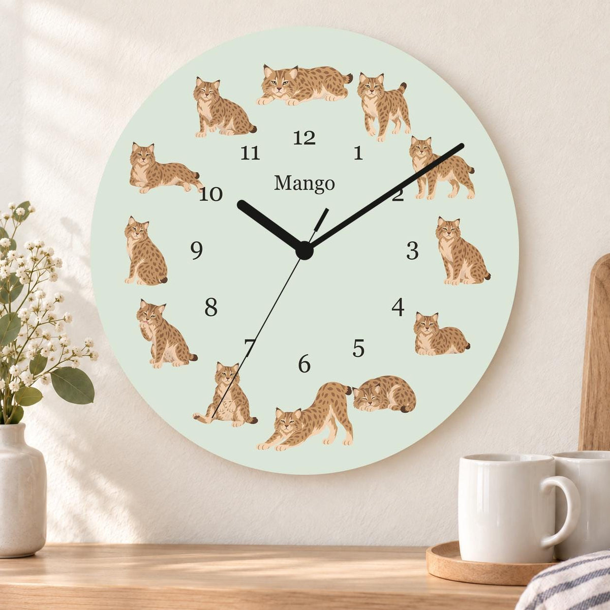 Personalized Pixie bob Cat wooden wall clock with example name Mango; kitchen