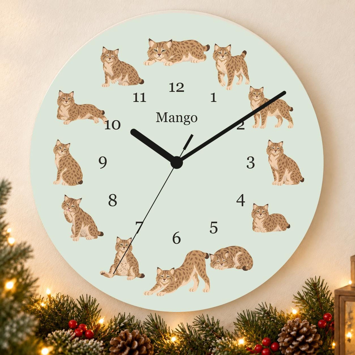 Personalized Pixie bob Cat wooden wall clock with example name Mango; holiday