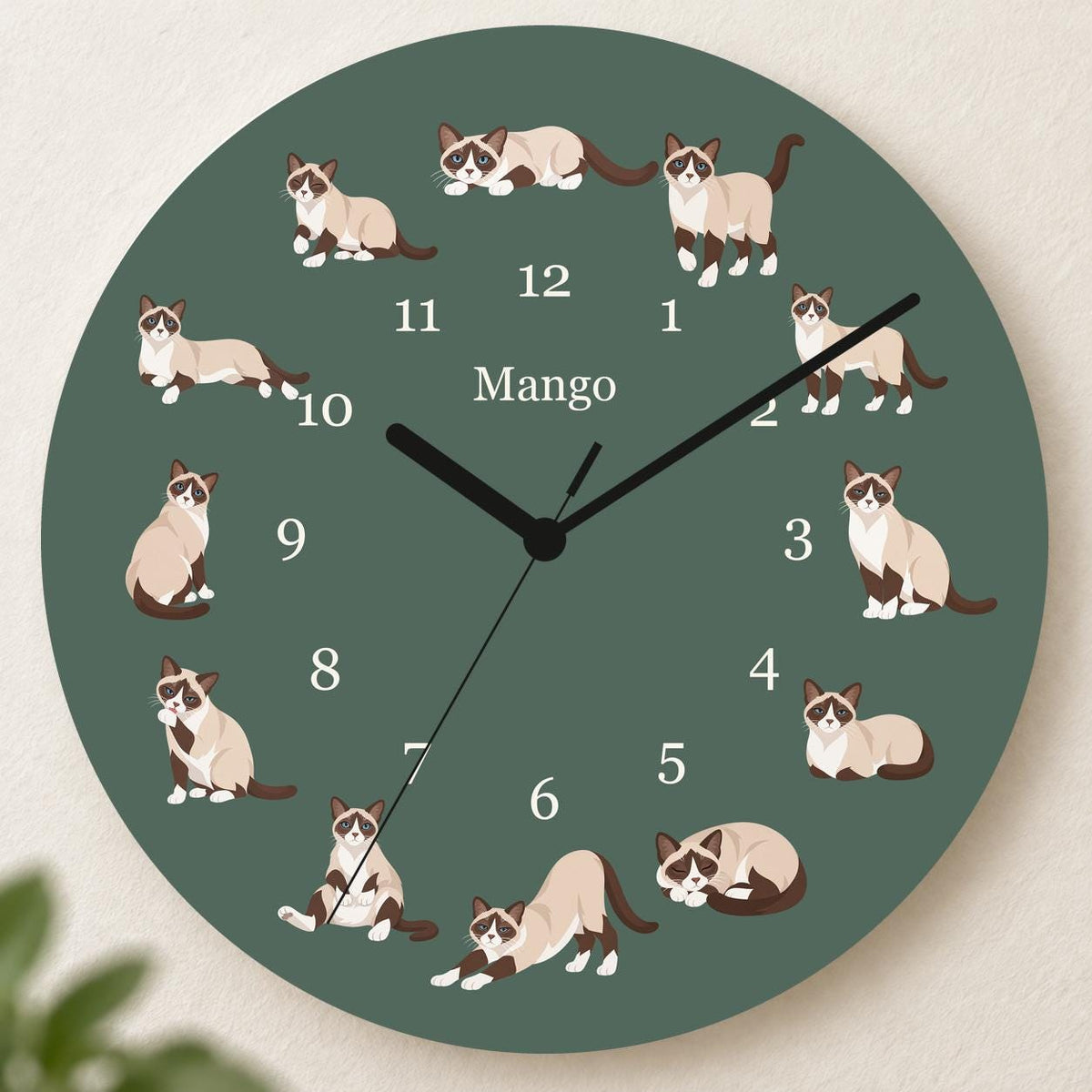 Personalized Snowshoe Cat wooden wall clock with example name Mango; hero