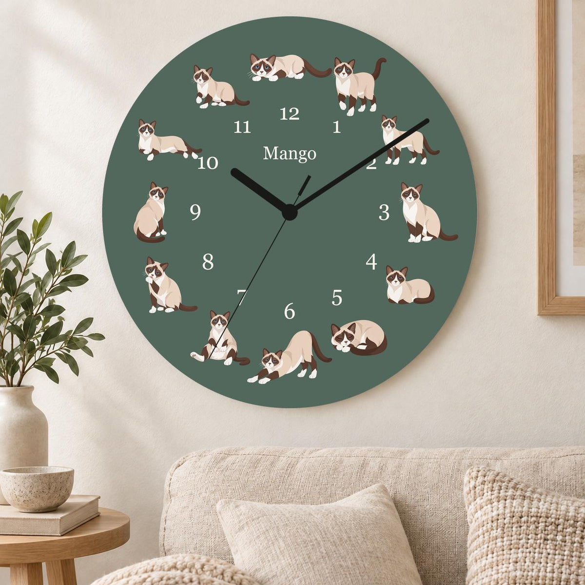 Personalized Snowshoe Cat wooden wall clock with example name Mango; living room