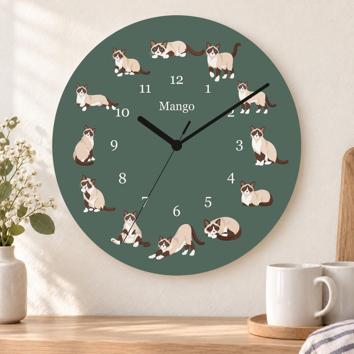 Personalized Snowshoe Cat wooden wall clock with example name Mango; kitchen