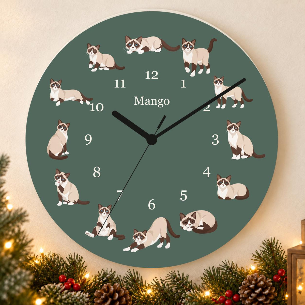 Personalized Snowshoe Cat wooden wall clock with example name Mango; holiday
