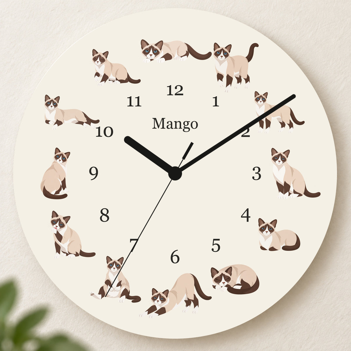 Personalized Snowshoe Cat Wall Clock, Custom Pet Name, 11.6 Inch Wooden Clock — Warm Ivory background