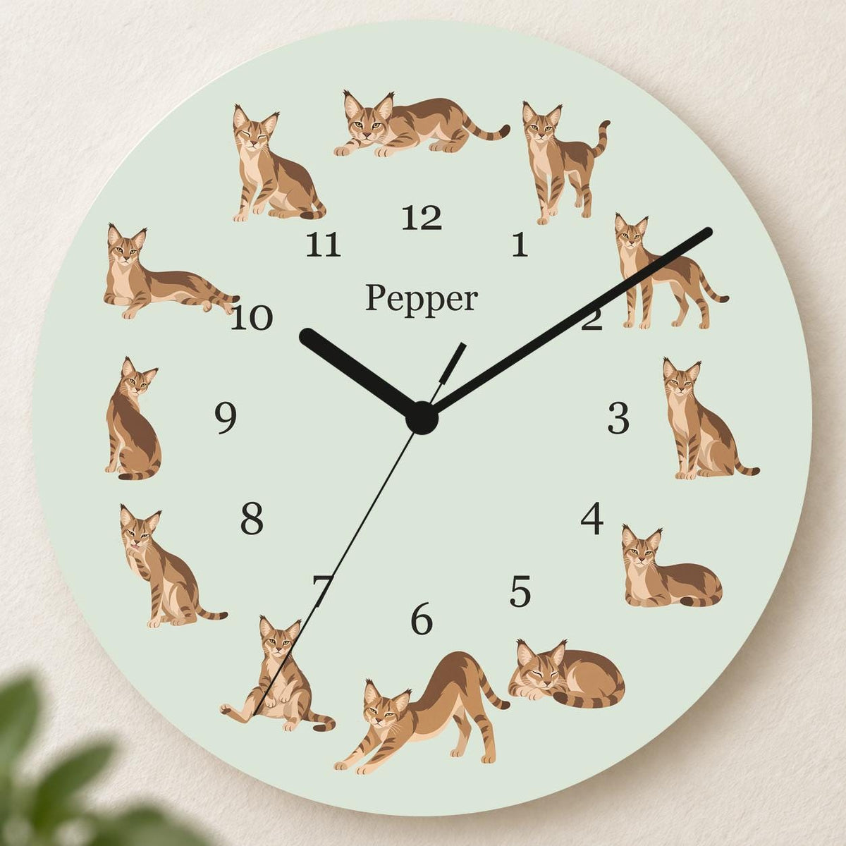 Personalized Chausie Cat wooden wall clock with example name Pepper; hero