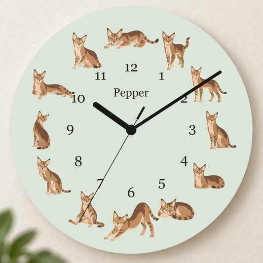 Personalized Chausie Cat wooden wall clock with example name Pepper; hero