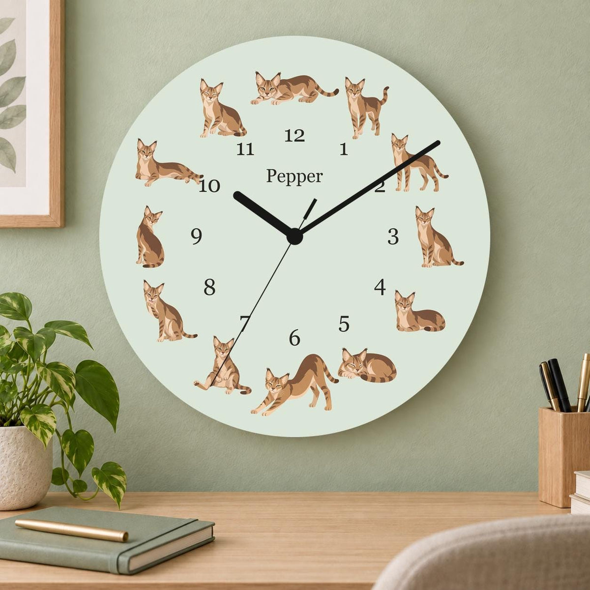 Personalized Chausie Cat wooden wall clock with example name Pepper; home office