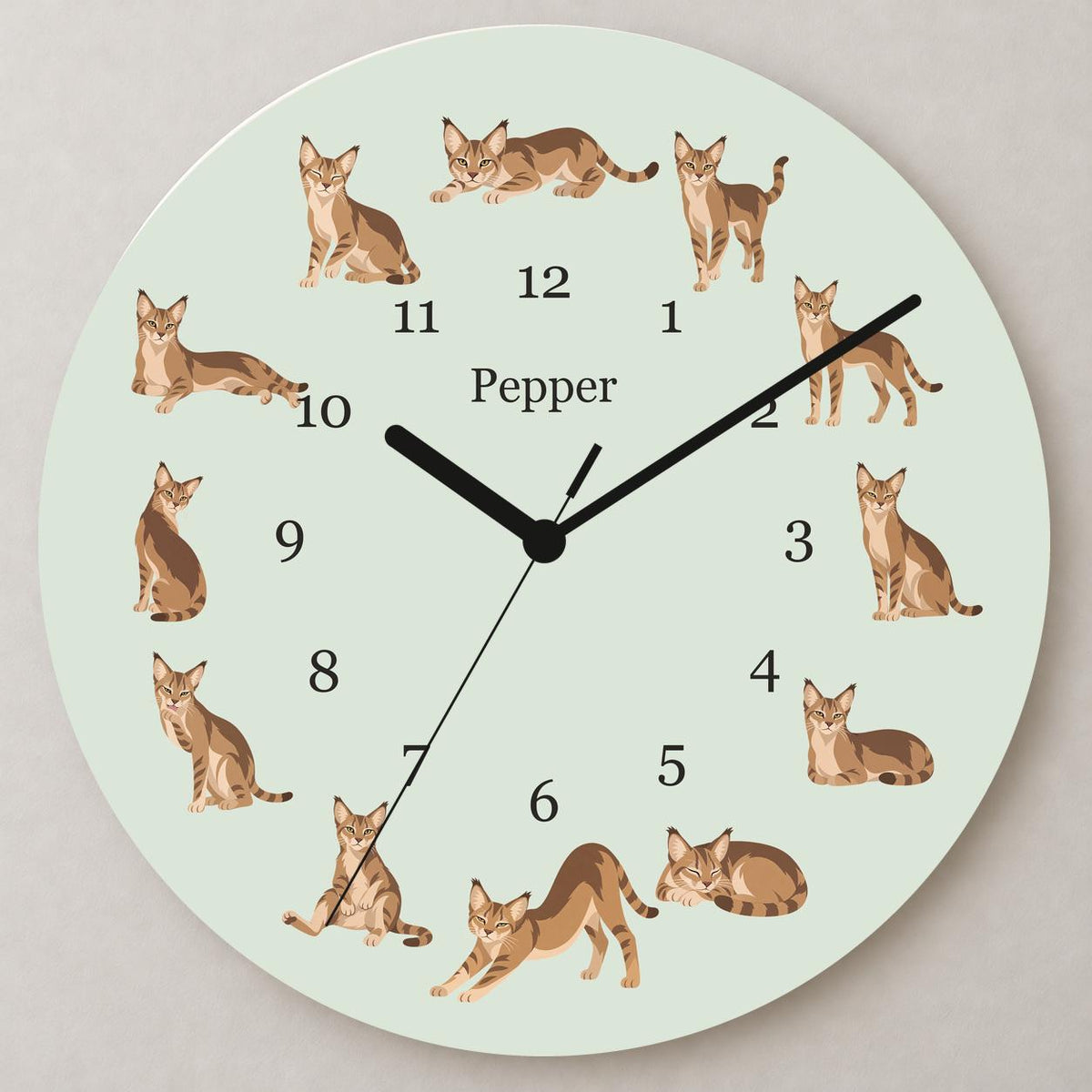 Personalized Chausie Cat wooden wall clock with example name Pepper; close up