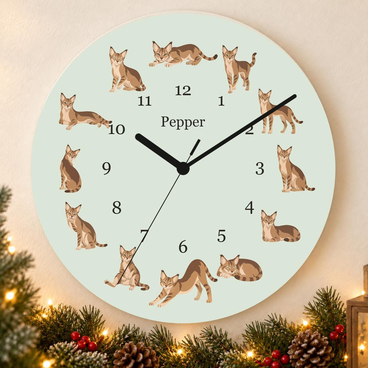 Personalized Chausie Cat wooden wall clock with example name Pepper; holiday