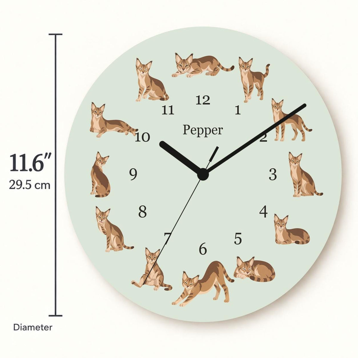 Personalized Chausie Cat wooden wall clock with example name Pepper; size