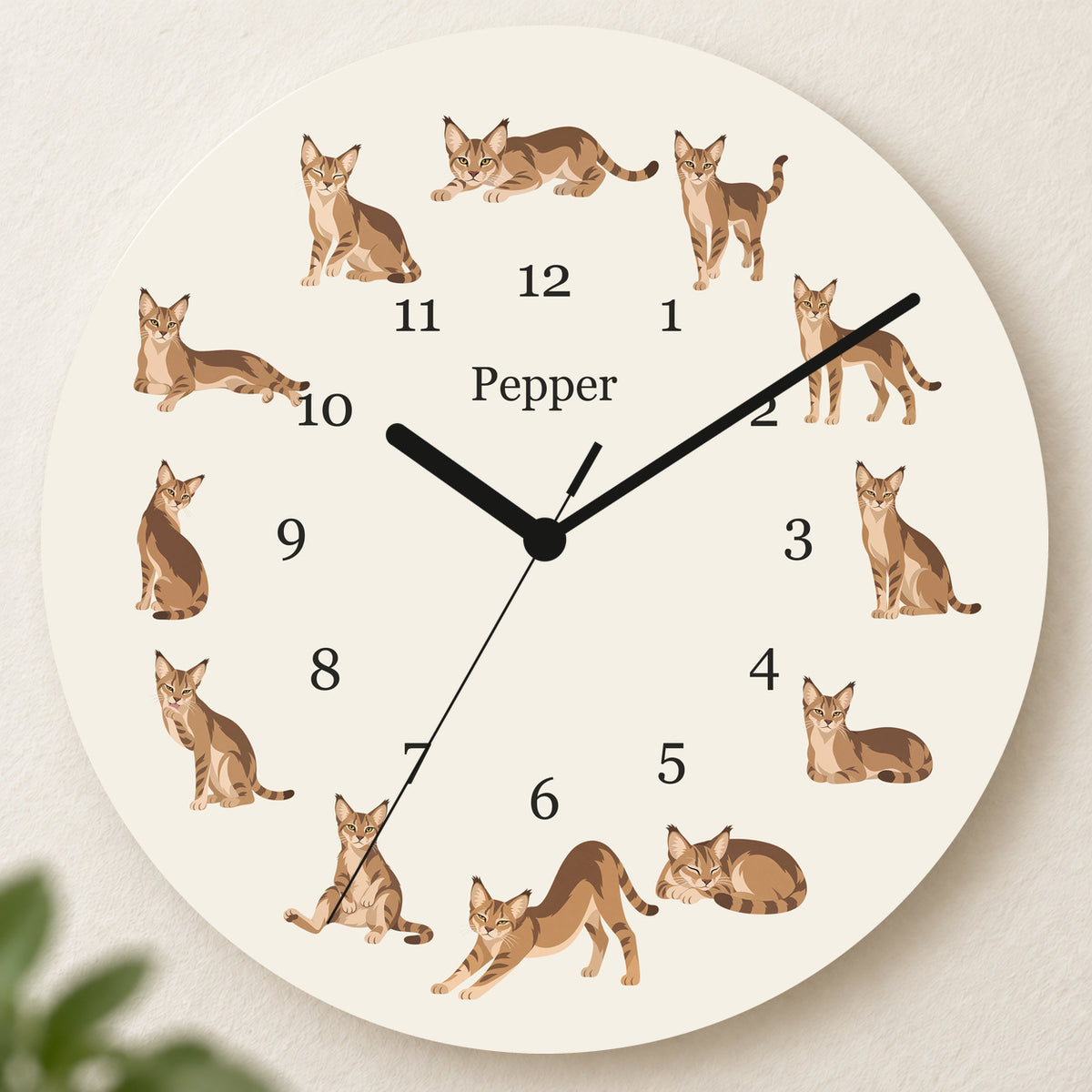 Personalized Chausie Cat Wall Clock, Custom Pet Name, 11.6 Inch Wooden Clock — Warm Ivory background