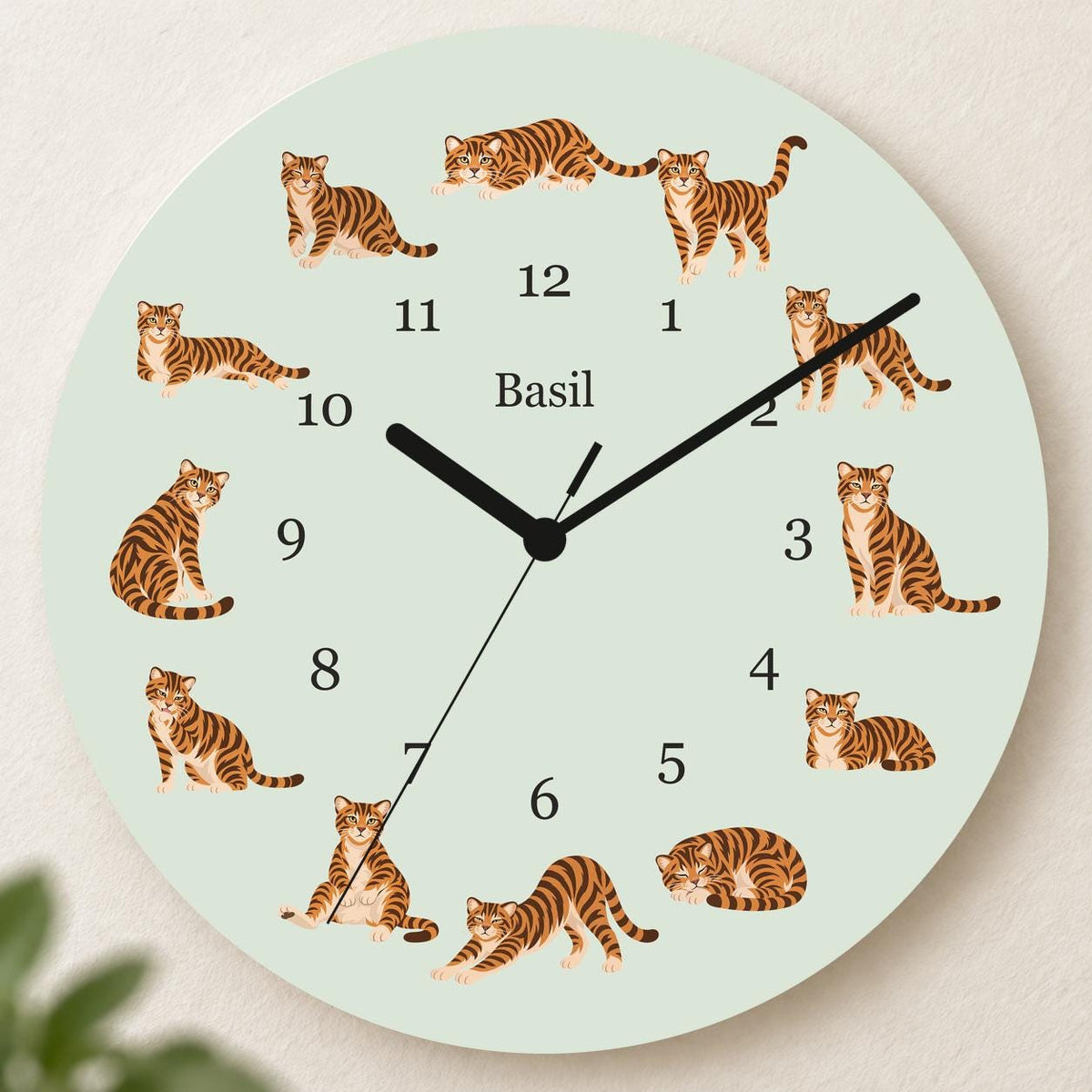 Personalized Toyger Cat wooden wall clock with example name Basil; hero