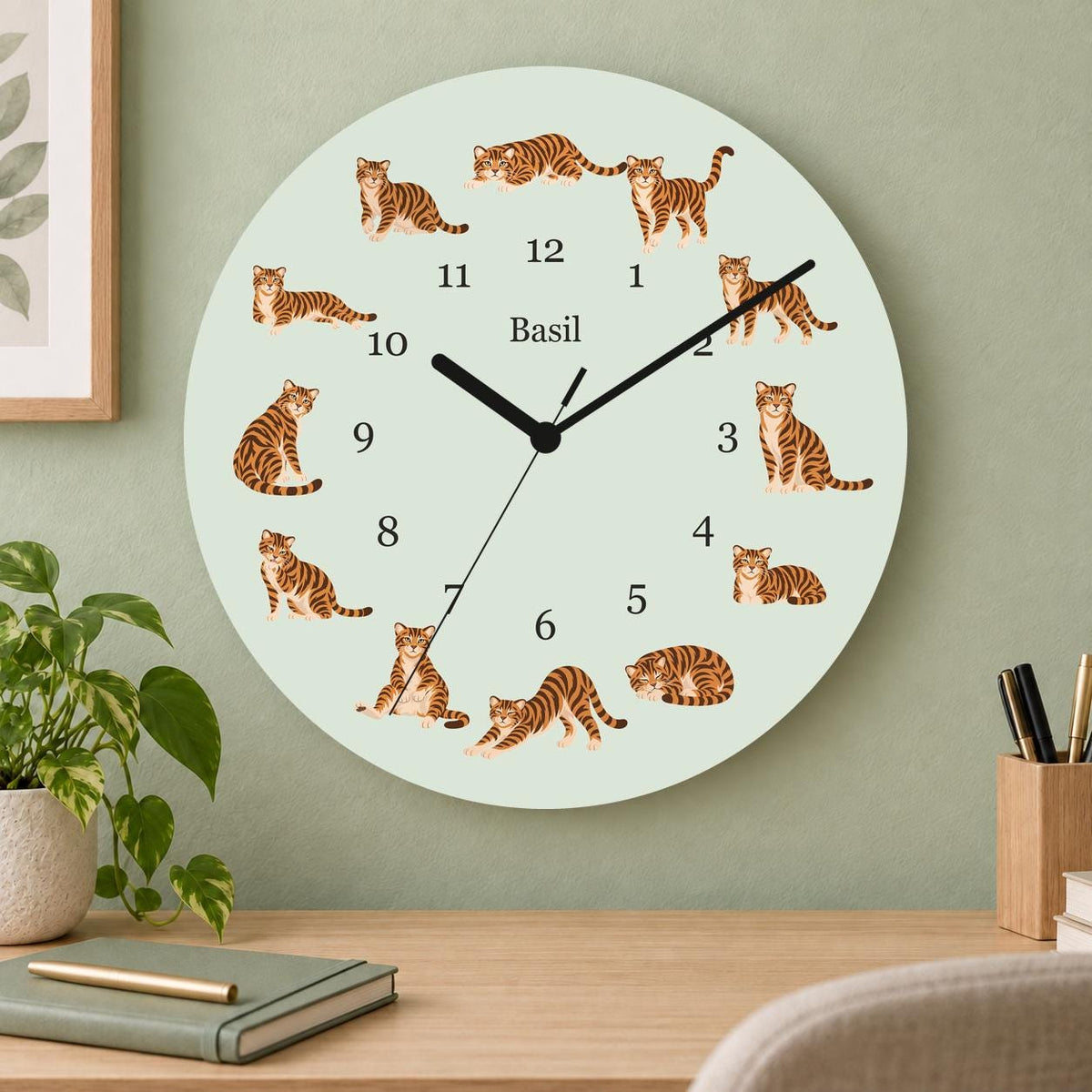 Personalized Toyger Cat wooden wall clock with example name Basil; home office