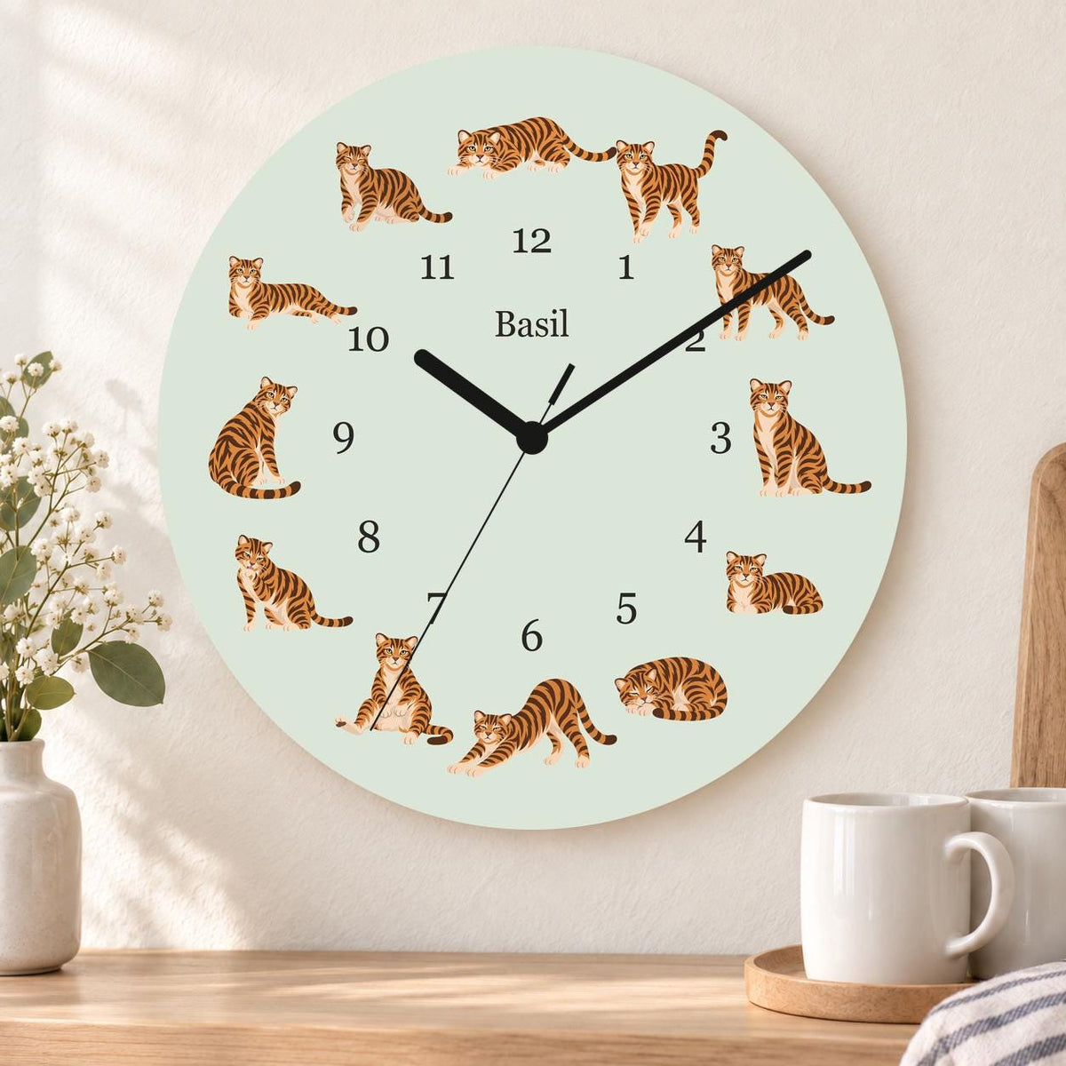 Personalized Toyger Cat wooden wall clock with example name Basil; kitchen