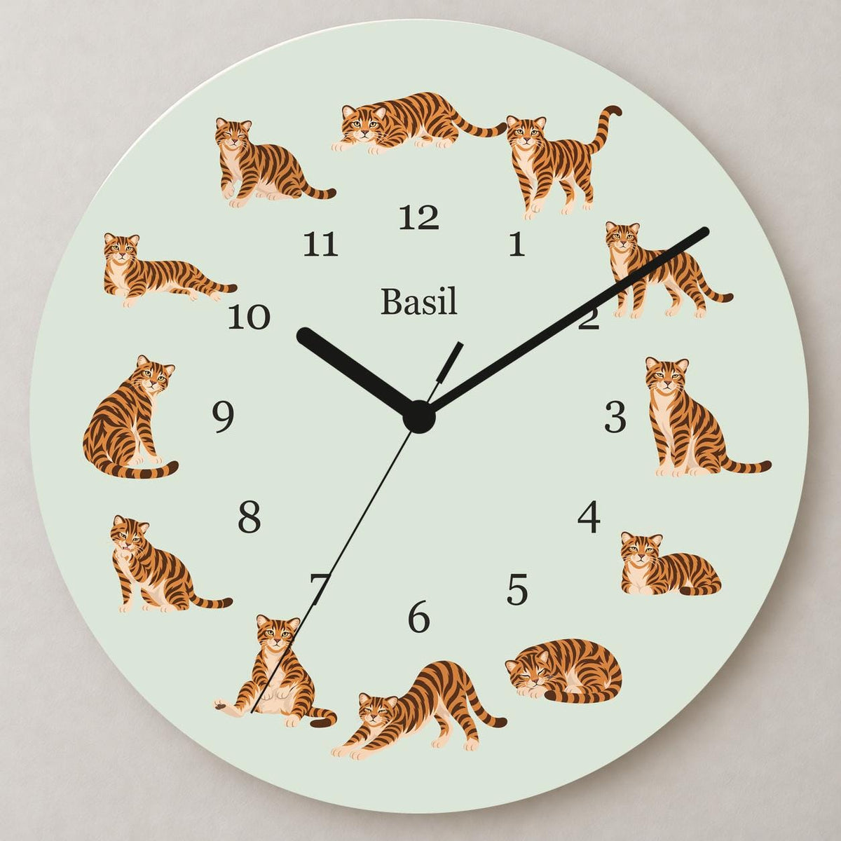 Personalized Toyger Cat wooden wall clock with example name Basil; close up