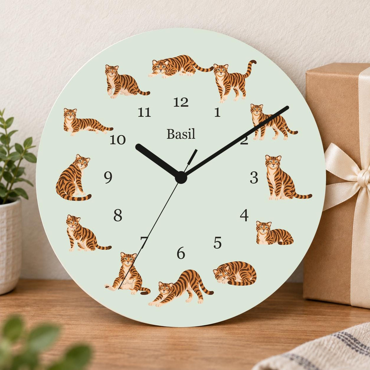 Personalized Toyger Cat wooden wall clock with example name Basil; gift