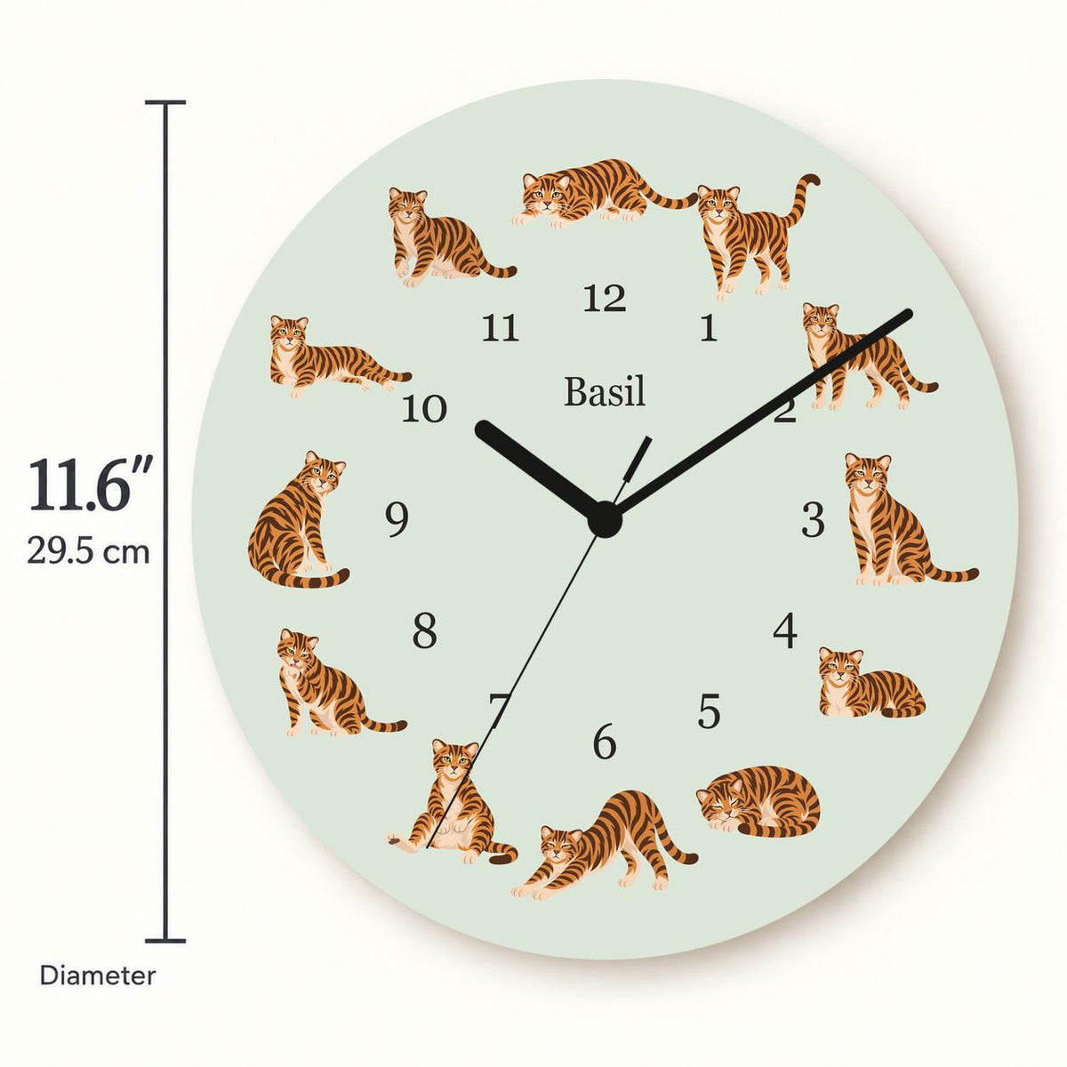 Personalized Toyger Cat wooden wall clock with example name Basil; size