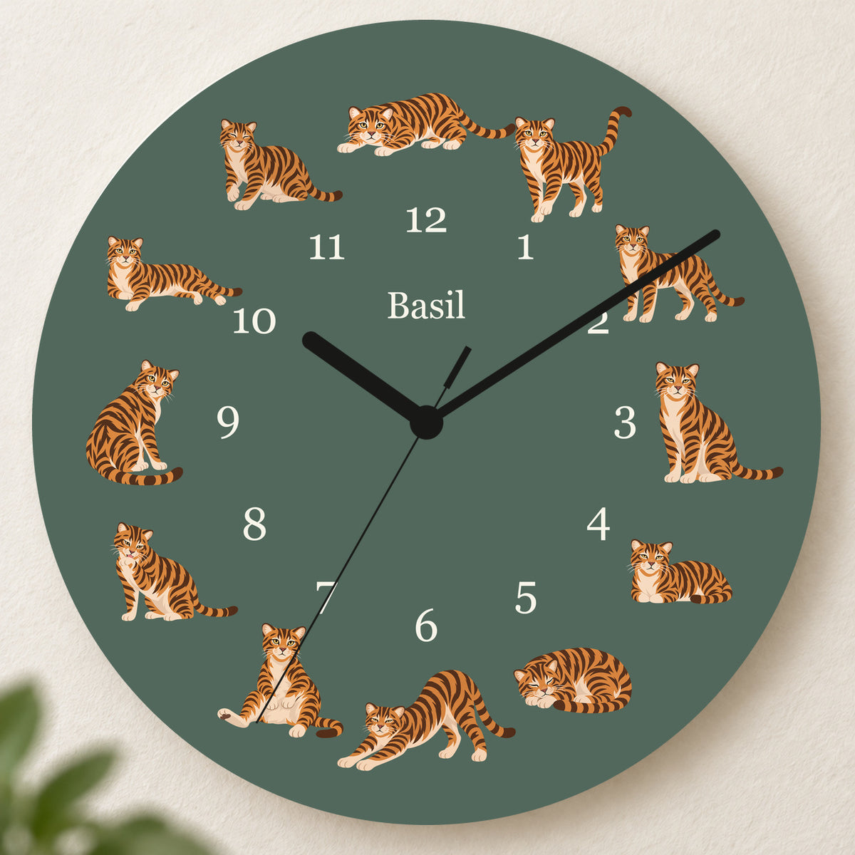 Personalized Toyger Cat Wall Clock, Custom Pet Name, 11.6 Inch Wooden Clock — Deep Sage background