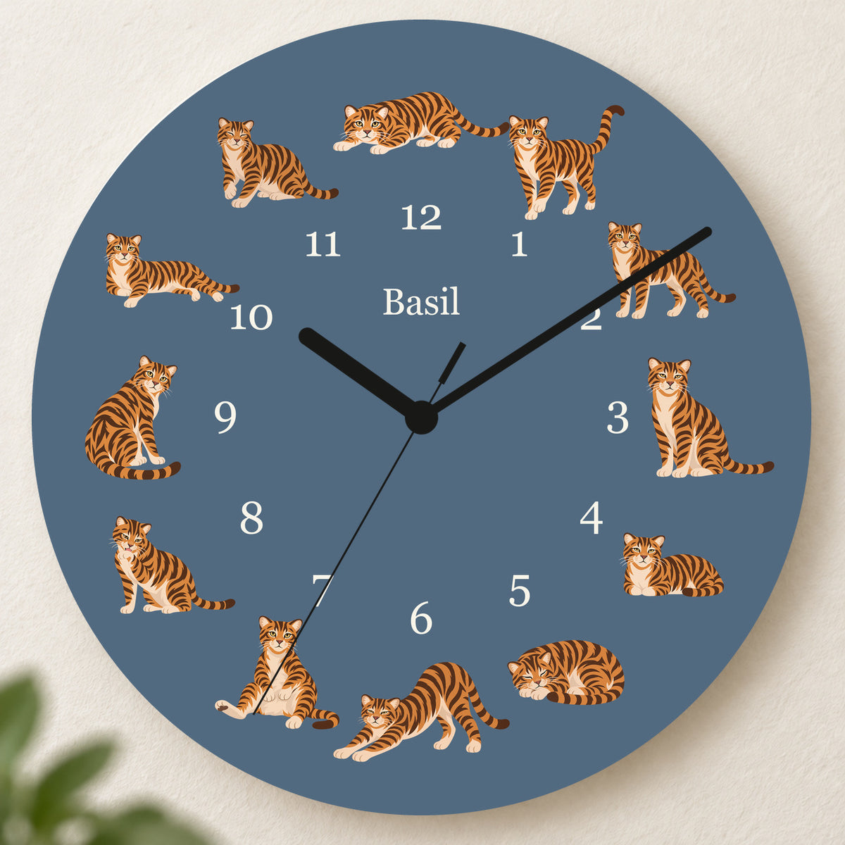 Personalized Toyger Cat Wall Clock, Custom Pet Name, 11.6 Inch Wooden Clock — Muted Denim background