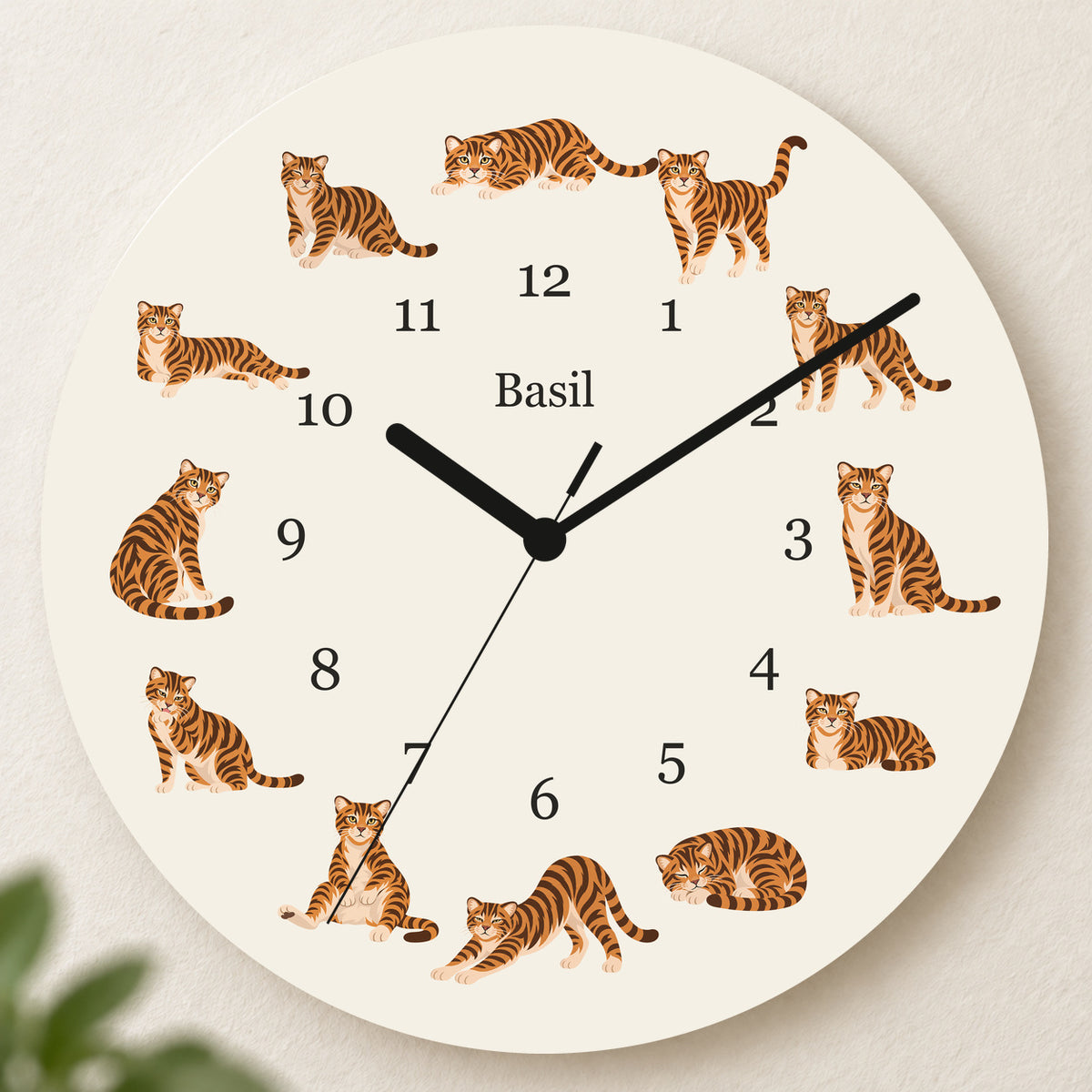 Personalized Toyger Cat Wall Clock, Custom Pet Name, 11.6 Inch Wooden Clock — Warm Ivory background