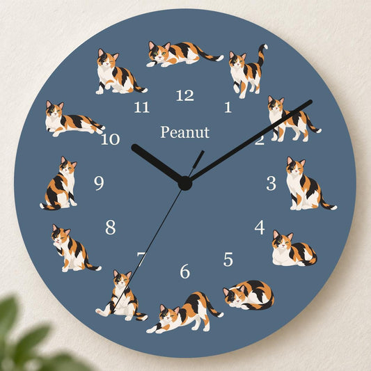 Personalized Domestic Shorthair Cat wooden wall clock with example name Peanut; hero