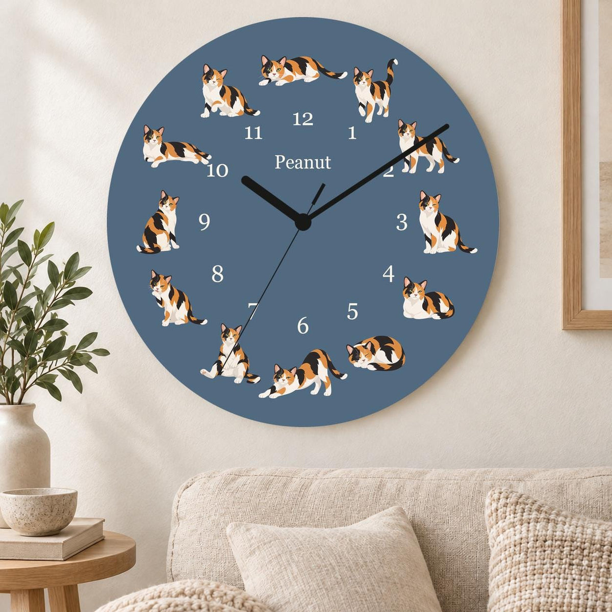 Personalized Domestic Shorthair Cat wooden wall clock with example name Peanut; living room