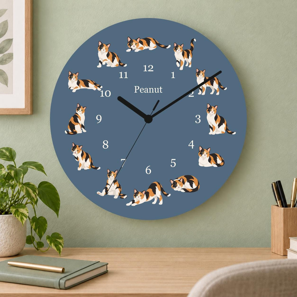 Personalized Domestic Shorthair Cat wooden wall clock with example name Peanut; home office