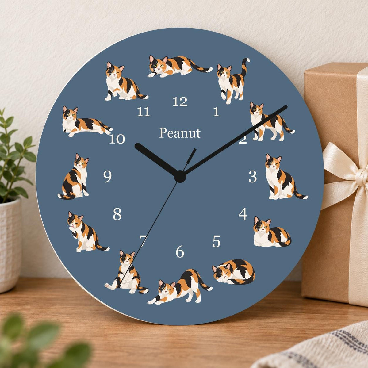 Personalized Domestic Shorthair Cat wooden wall clock with example name Peanut; gift