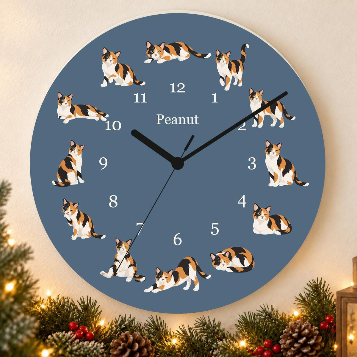 Personalized Domestic Shorthair Cat wooden wall clock with example name Peanut; holiday