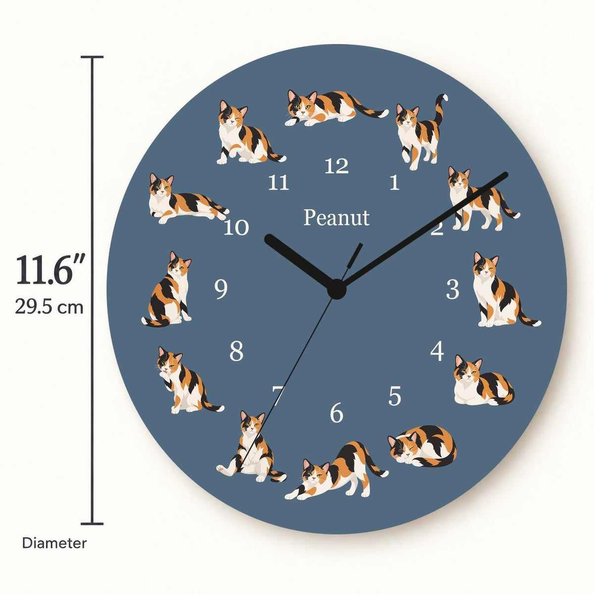 Personalized Domestic Shorthair Cat wooden wall clock with example name Peanut; size