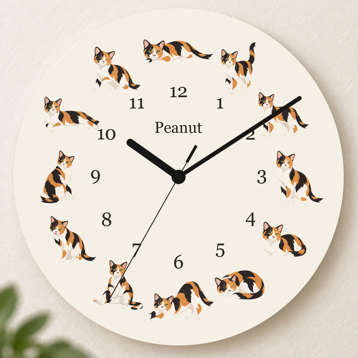 Personalized Domestic Shorthair Cat Wall Clock, Custom Pet Name, 11.6 Inch Wooden Clock — Warm Ivory background