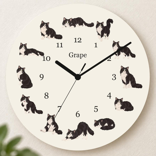 Personalized Domestic Longhair Cat wooden wall clock with example name Grape; hero
