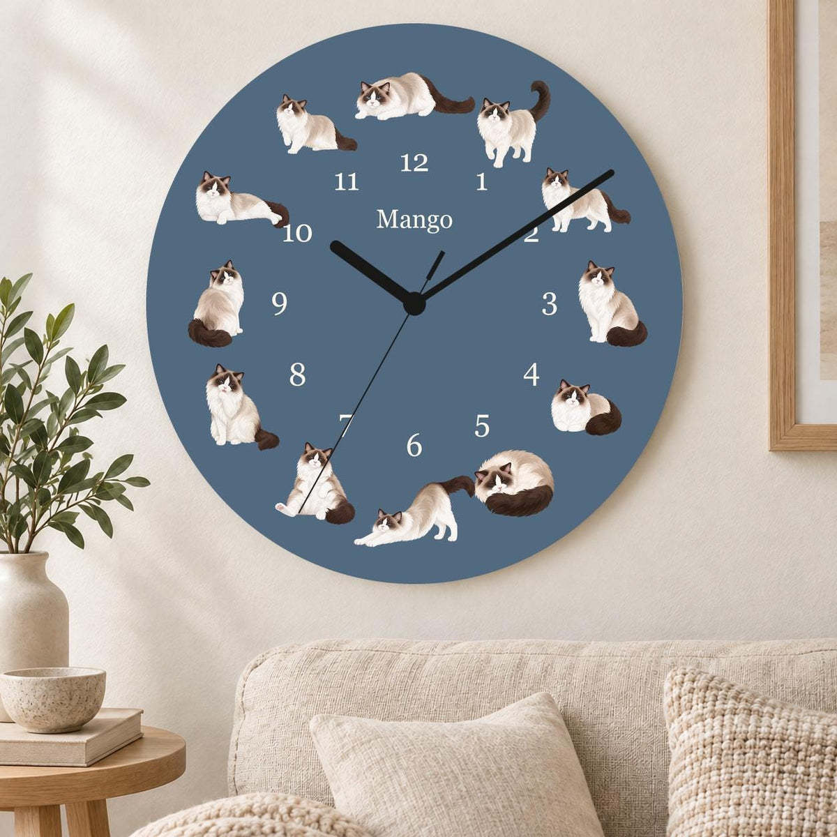 Personalized Ragdoll Cat wooden wall clock with example name Mango; living room