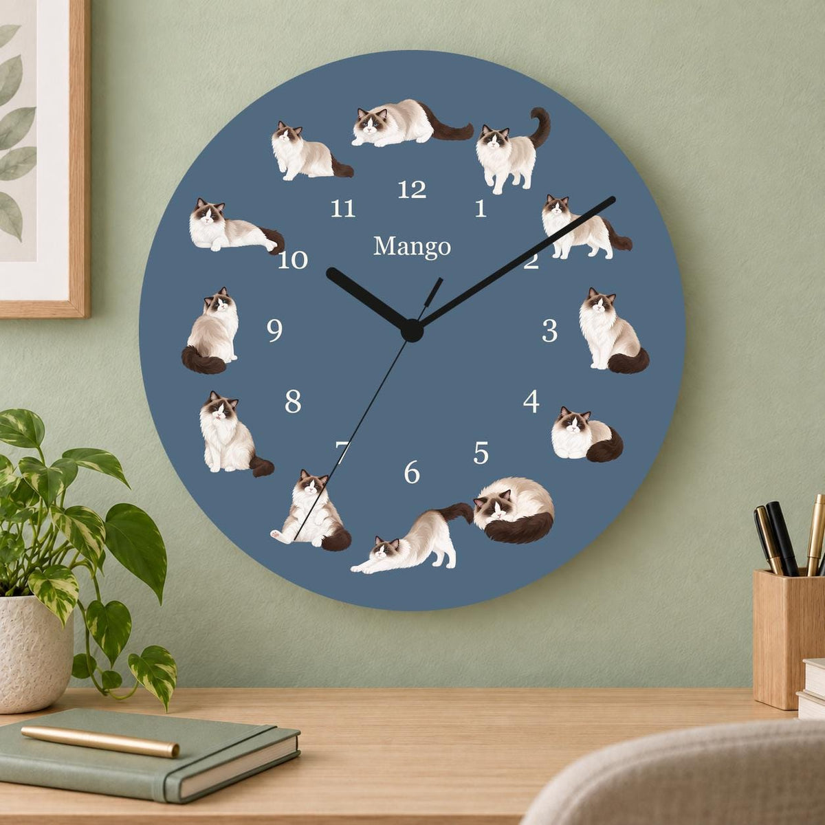 Personalized Ragdoll Cat wooden wall clock with example name Mango; home office