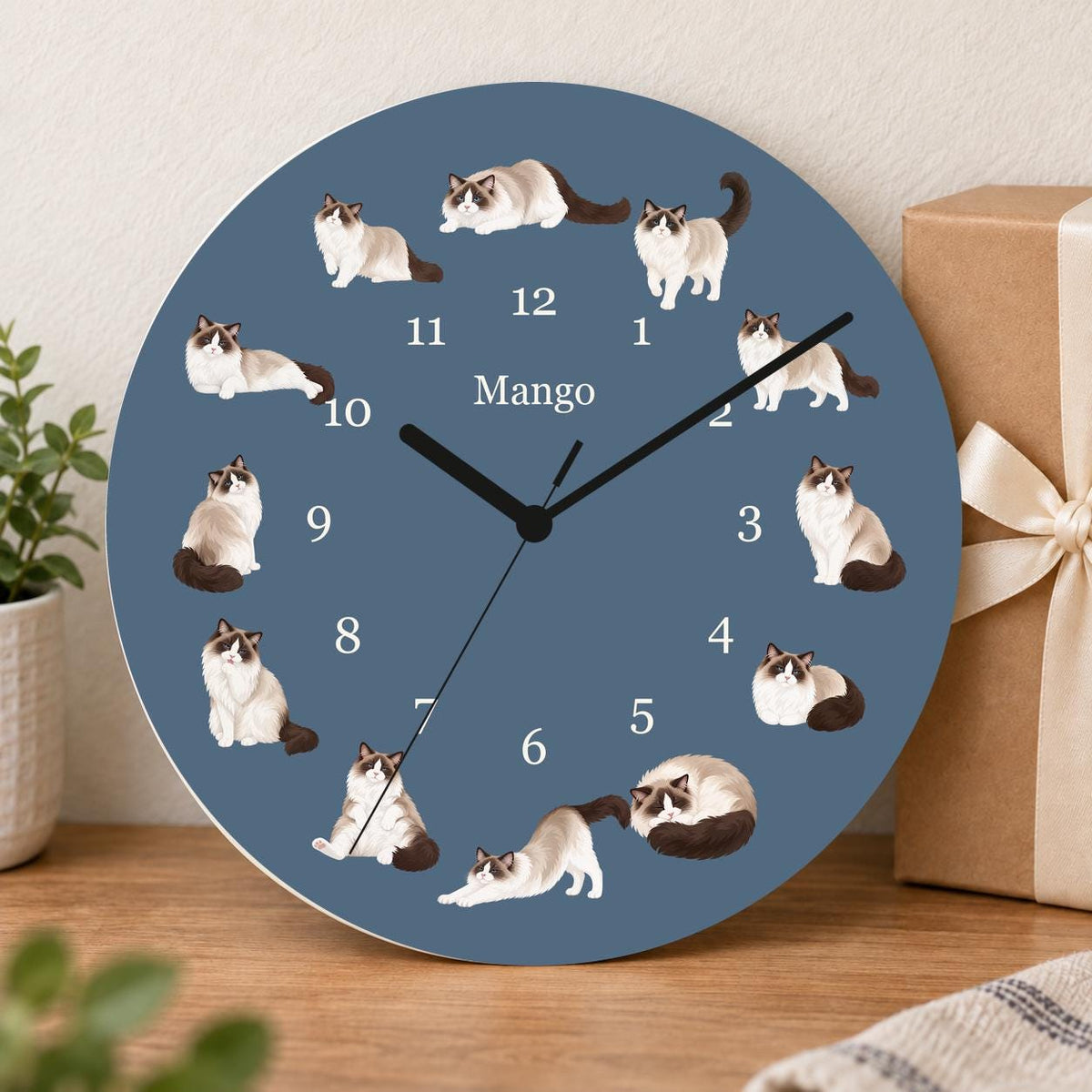 Personalized Ragdoll Cat wooden wall clock with example name Mango; gift