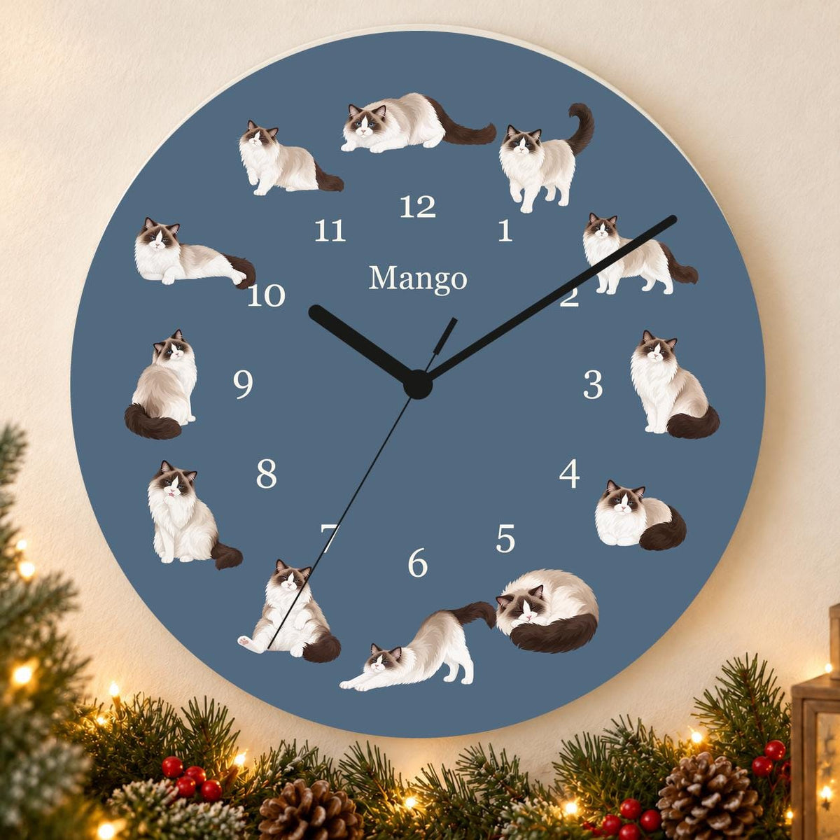 Personalized Ragdoll Cat wooden wall clock with example name Mango; holiday