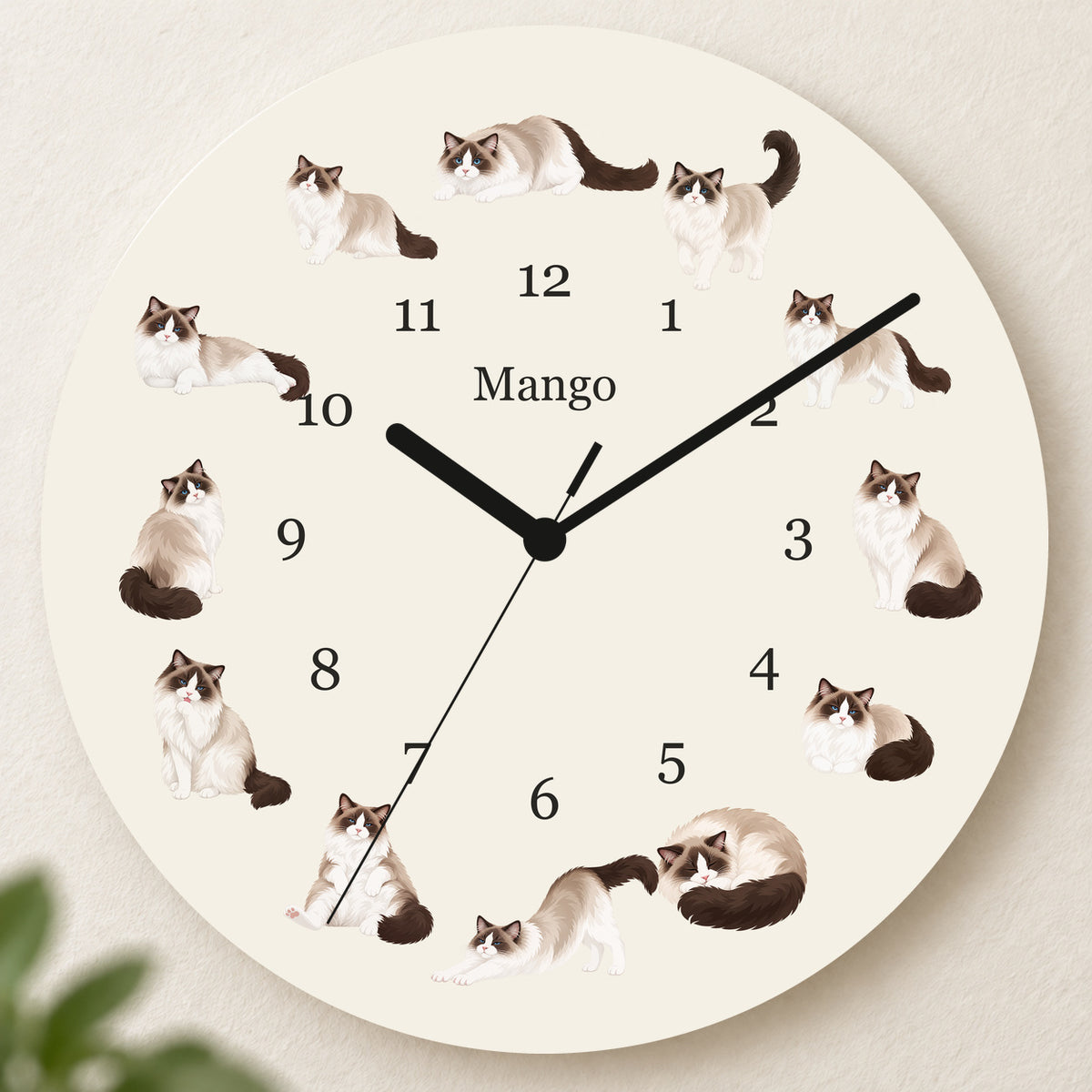 Personalized Ragdoll Cat Wall Clock, Custom Pet Name, 11.6 Inch Wooden Clock — Warm Ivory background
