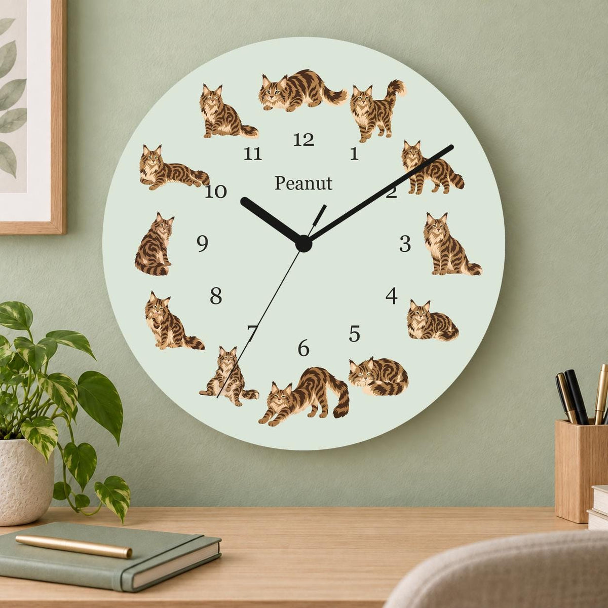 Personalized Maine Coon Cat wooden wall clock with example name Peanut; home office