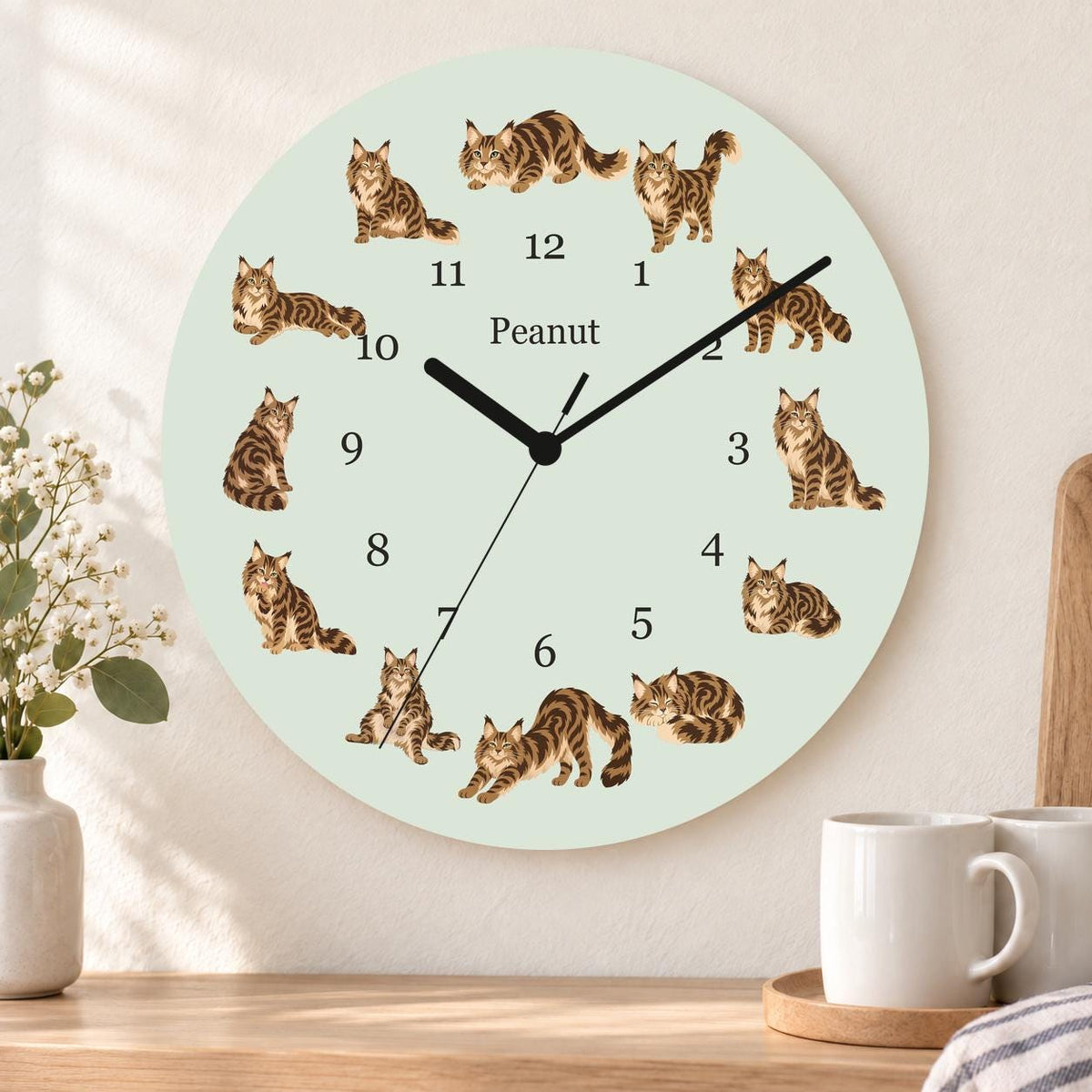 Personalized Maine Coon Cat wooden wall clock with example name Peanut; kitchen