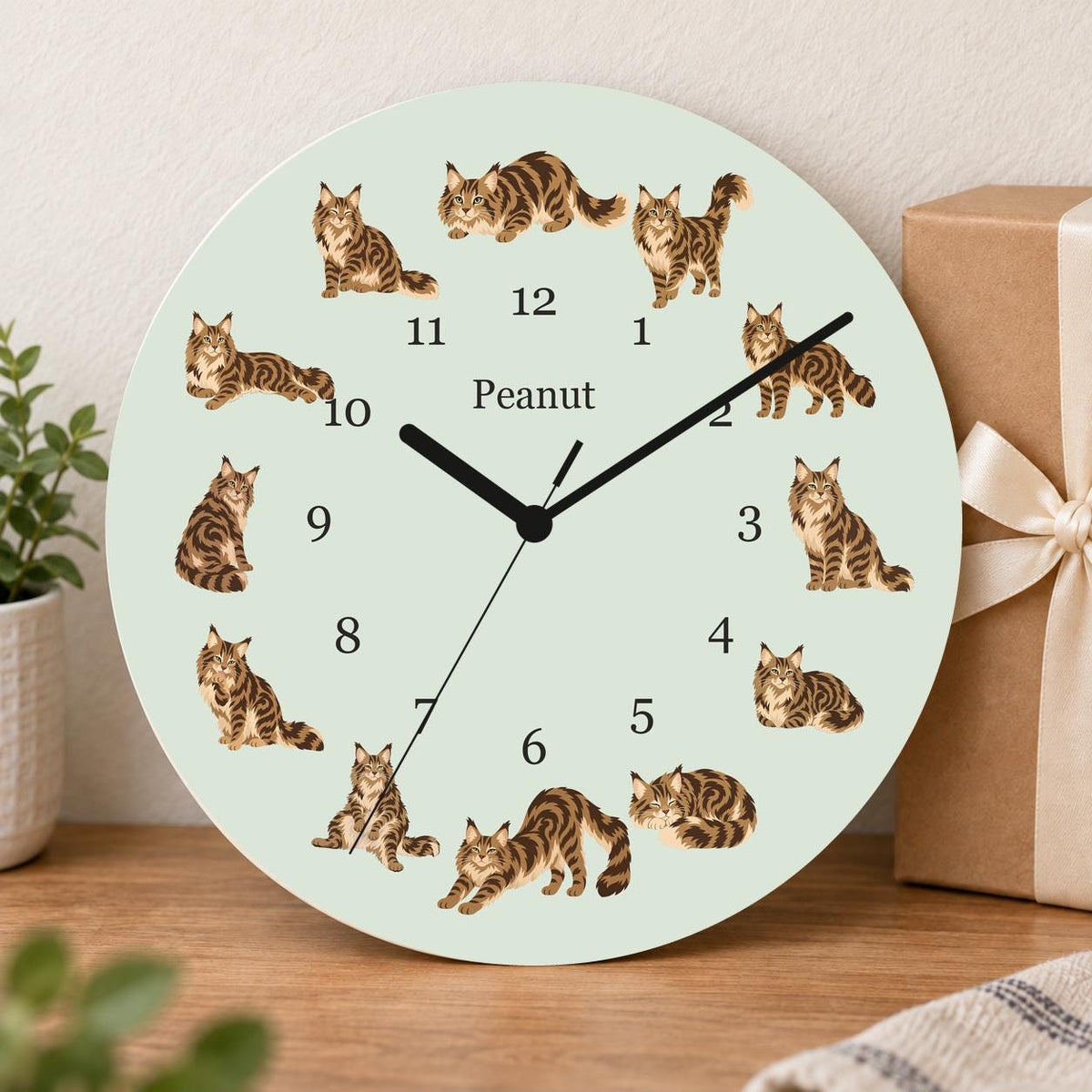 Personalized Maine Coon Cat wooden wall clock with example name Peanut; gift