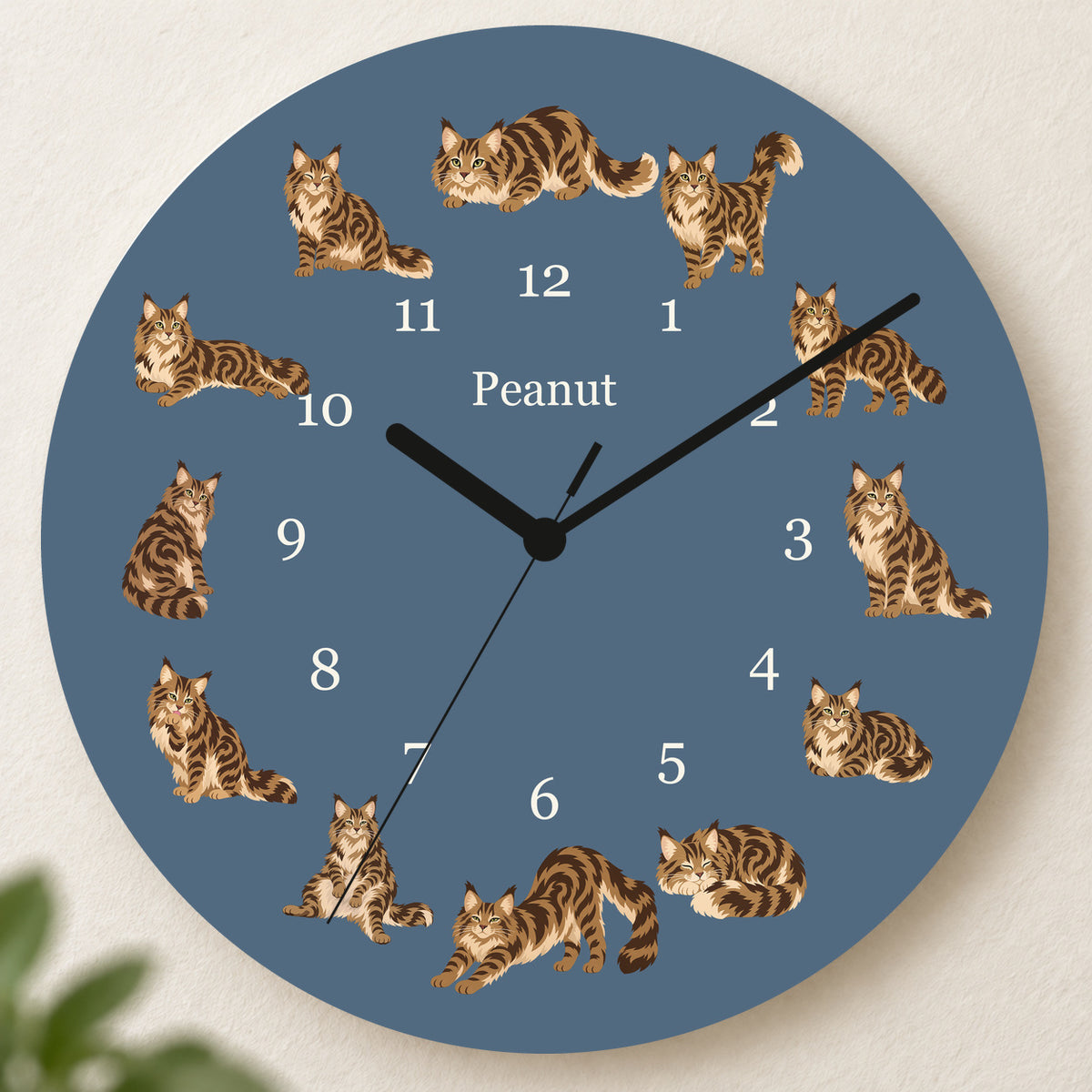 Personalized Maine Coon Cat Wall Clock, Custom Pet Name, 11.6 Inch Wooden Clock — Muted Denim background