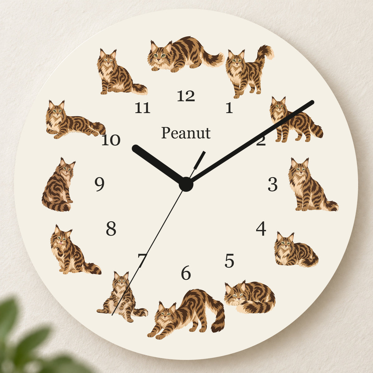 Personalized Maine Coon Cat Wall Clock, Custom Pet Name, 11.6 Inch Wooden Clock — Warm Ivory background