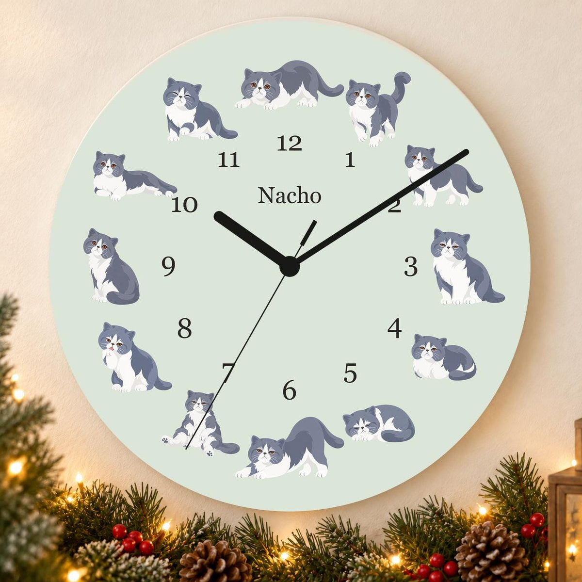 Personalized Exotic Shorthair Cat wooden wall clock with example name Nacho; holiday