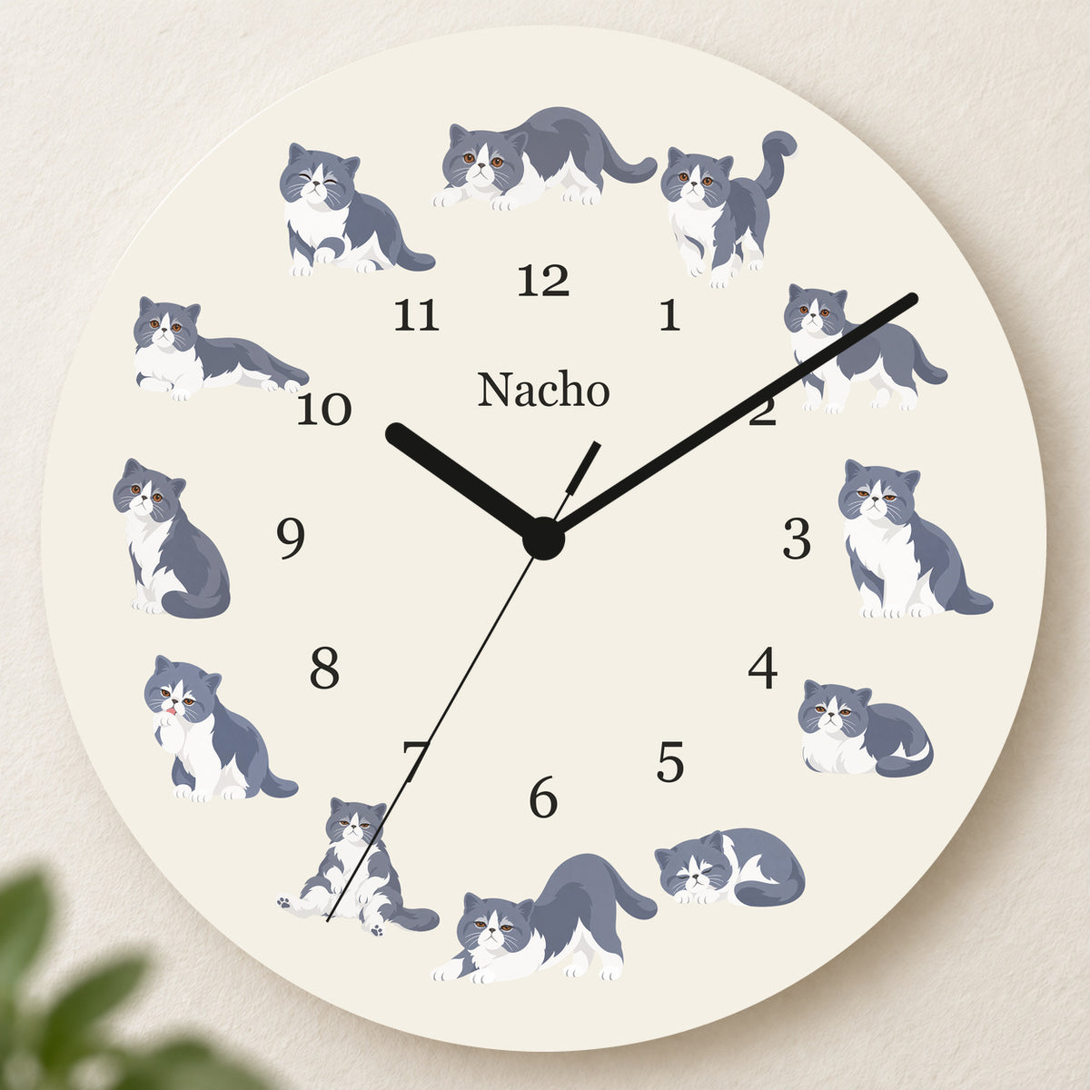 Personalized Exotic Shorthair Cat Wall Clock, Custom Pet Name, 11.6 Inch Wooden Clock — Warm Ivory background