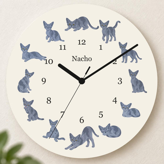 Personalized Devon Rex Cat wooden wall clock with example name Nacho; hero