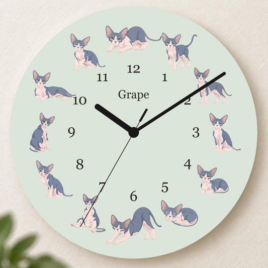 Personalized Sphynx Cat wooden wall clock with example name Grape; hero