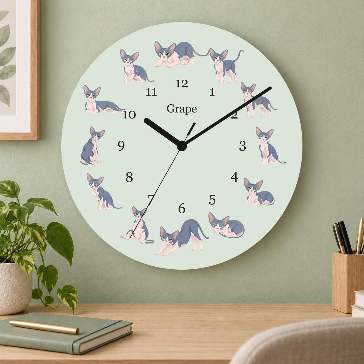 Personalized Sphynx Cat wooden wall clock with example name Grape; home office